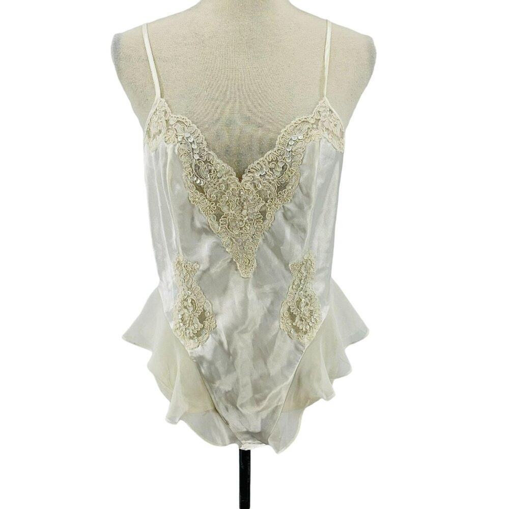 Vintage Victoria Secret Satin Beaded Teddy Hi Cut Womens Bridal Medium